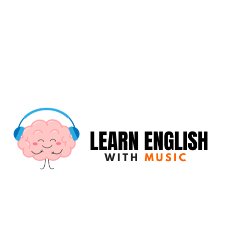 A propos. Logo et logotype de Learn English With Music. Le logo c'est un cerveau rose avec un casque de musique sur lui. Le logotype c'est l'écriture en majuscule et en gras de "Learn English With Music", music est en orange. 