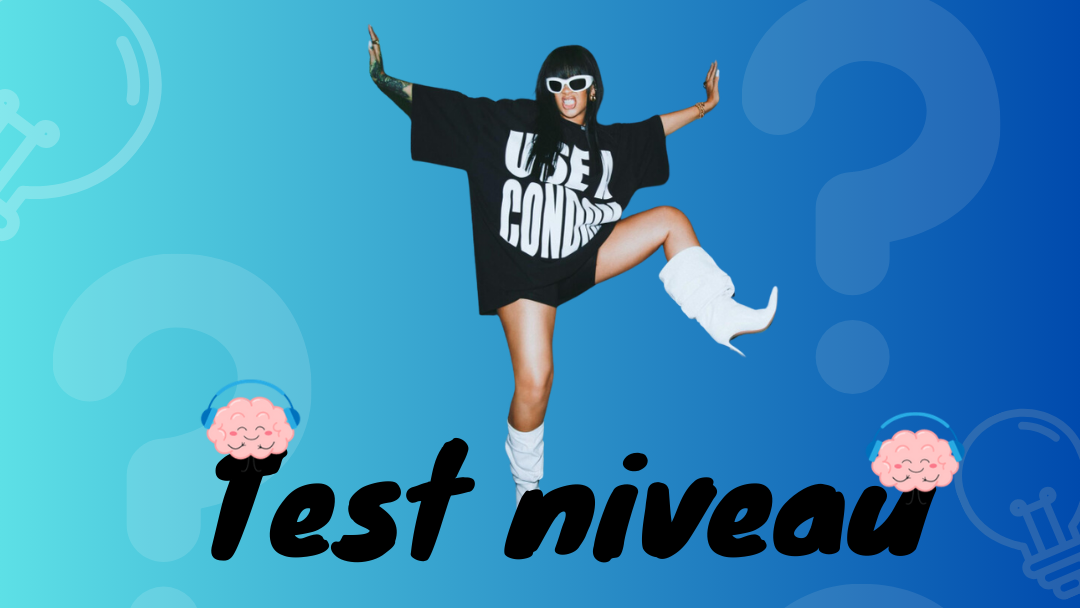 Test ton niveau, Photo de Rihanna habillé avec t-shirt noir, une perruque, des lunettes de soleil blanches, avec des talons blancs sur un arrière plan bleu 