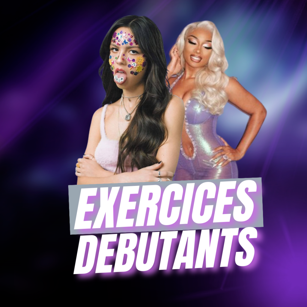 Image exercice débutant avec un arrière plan violet, et en premier les artistes Megan Thee Stallion, et Olivia Rodrigo.